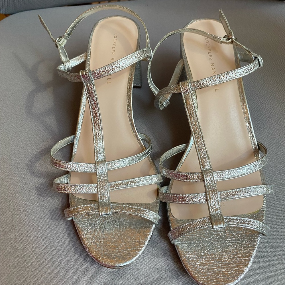 Loeffler Randall Silver Elena Leather Heeled Sandals - Size 10